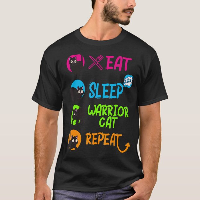 Camiseta Funny Eat Sleep Warrior Cat Repetir diseño de gato (Anverso)