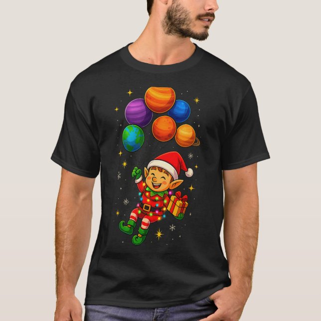 Camiseta Funny Elf Astronaut With Planets Christmas Pjs For (Anverso)