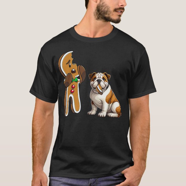 Camiseta Funny English Bulldog Dog Biting Gingerbread Merry (Anverso)