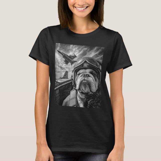 Camiseta Funny English Bulldog Selfie Fighter Jet Lot Aviat (Anverso)