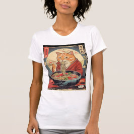 Camiseta  Funny Feline Eating  Ramen Japanese Ukiyo-e Style