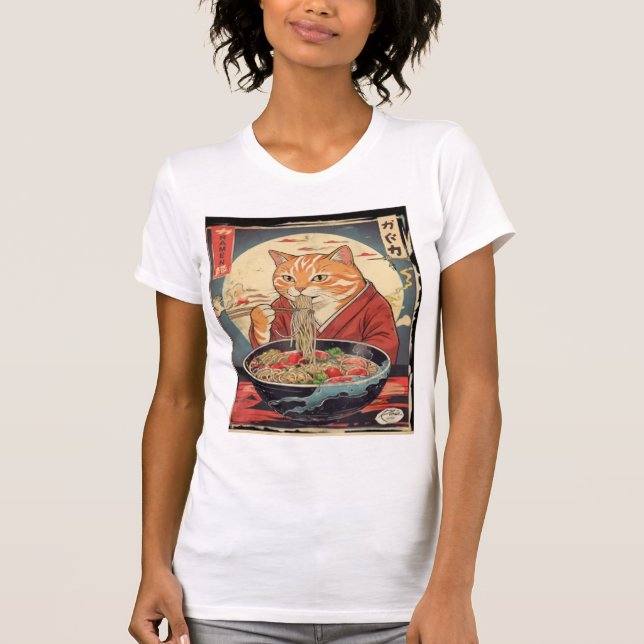 Camiseta  Funny Feline Eating  Ramen Japanese Ukiyo-e Style (Anverso)