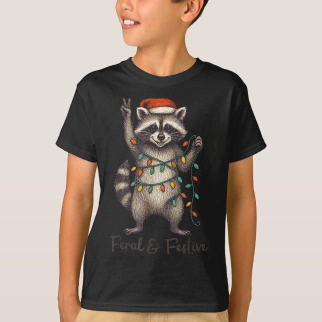 Camiseta Funny Feral And Festive Raccoon Santa Hat Retro Ch (Anverso)