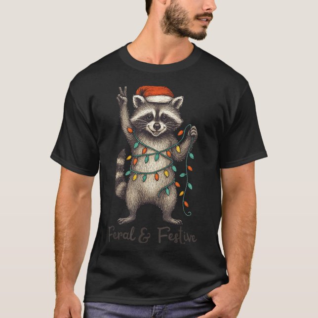 Camiseta Funny Feral And Festive Raccoon Santa Hat Retro Ch (Anverso)