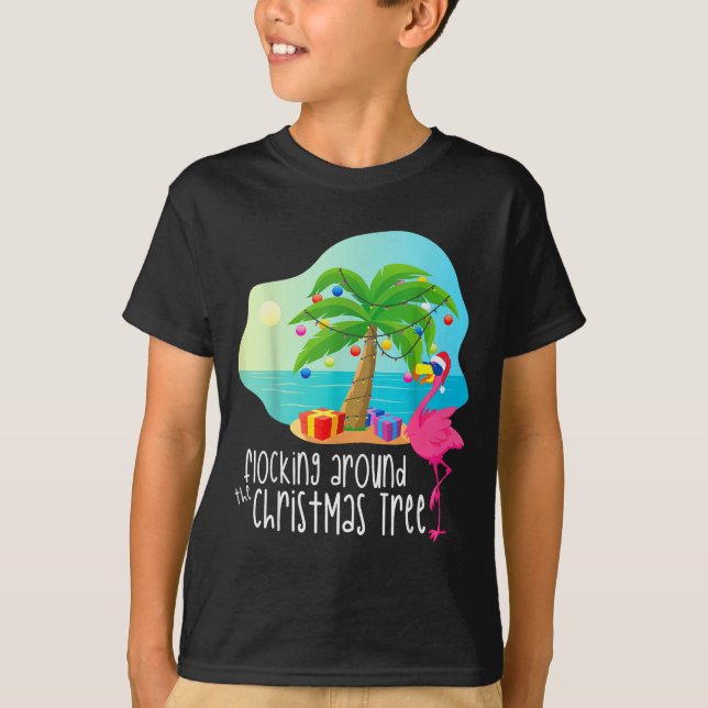Camiseta Funny Flamingo Flocking Around The Christmas Tree  (Anverso)