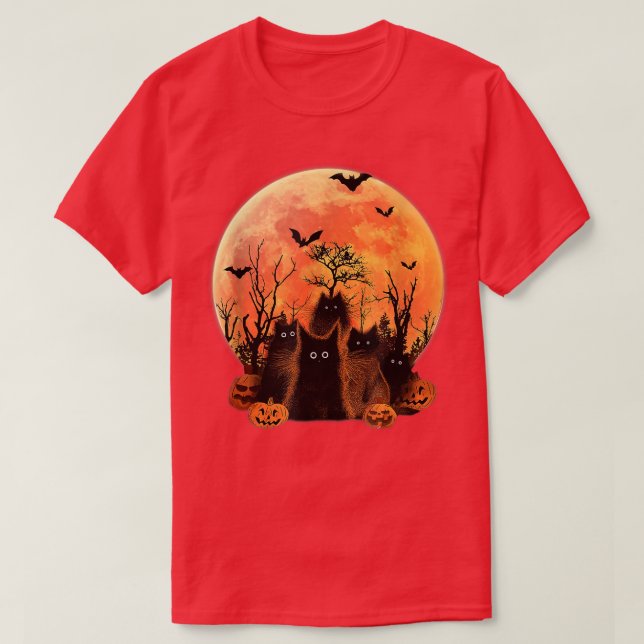 Camiseta Funny Fluffy Black Cats Moon Pumpkin Bats Hallowee (Diseño del anverso)