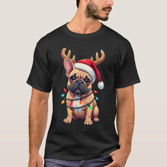 Camiseta Funny French Bulldog Christmas Light Santa Hat Rei (Anverso)