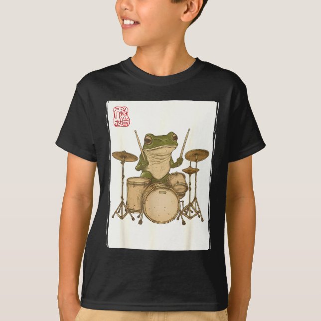Camiseta Funny Frog Drum Rock Music Kawaii Japanese  (Anverso)