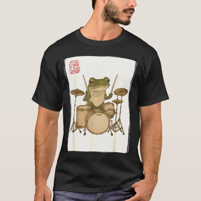 Camiseta Funny Frog Drum Rock Music Kawaii Japanese  (Anverso)