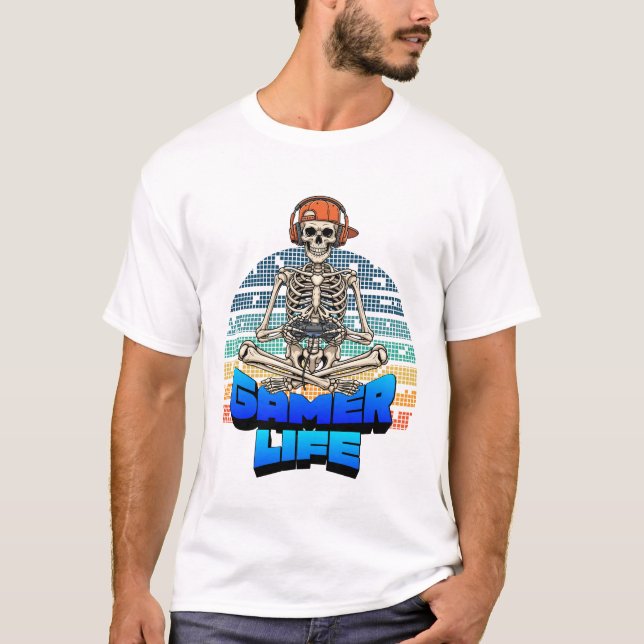 Camiseta Funny Funky Skull Gaming Gamer Life Tee Design (Anverso)