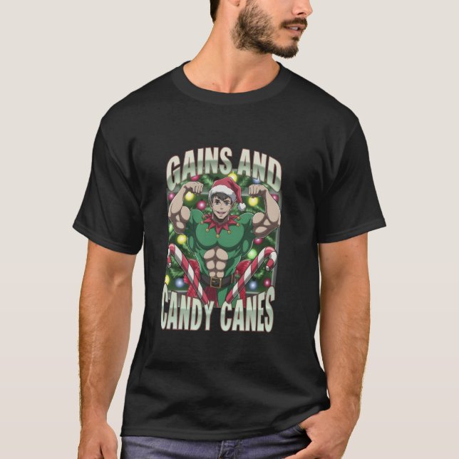 Camiseta Funny Gains and Candy Canes Christmas Elf Gym Work (Anverso)