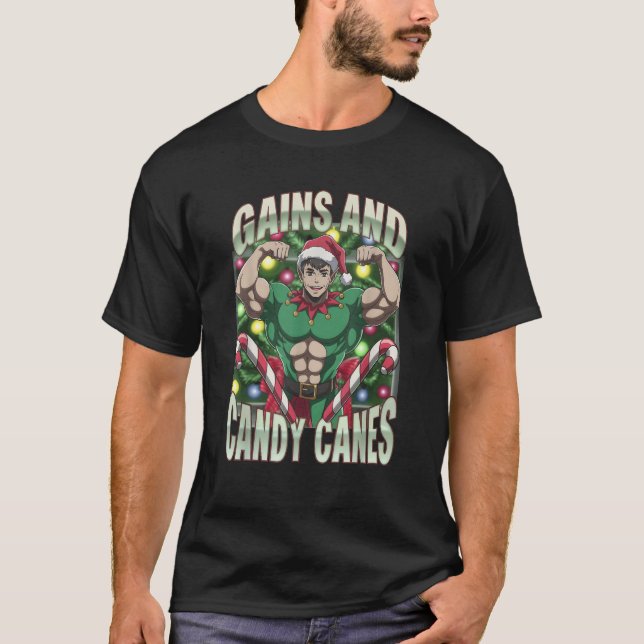 Camiseta Funny Gains and Candy Canes Christmas Elf Gym Work (Anverso)