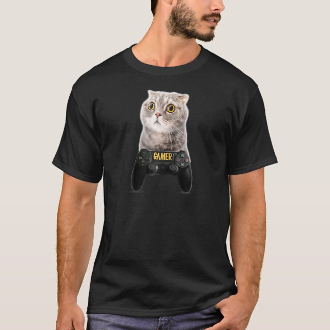 Camiseta Funny Gamer Cat  Videogame Humor Play Station Cont (Anverso)