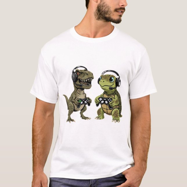 Camiseta Funny Gamer T Rex Turtle Dinosaur Retro Gaming  (Anverso)