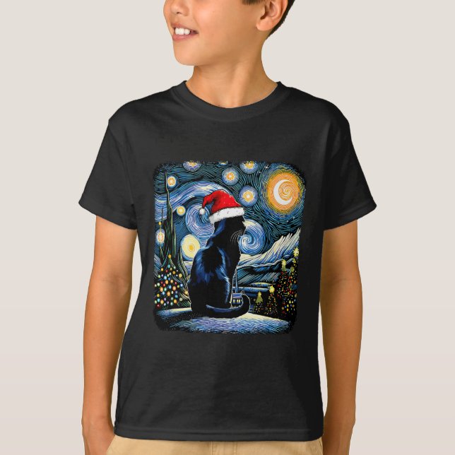 Camiseta Funny Gato Negro Santa Hat Navidades Noche Merry C (Anverso)