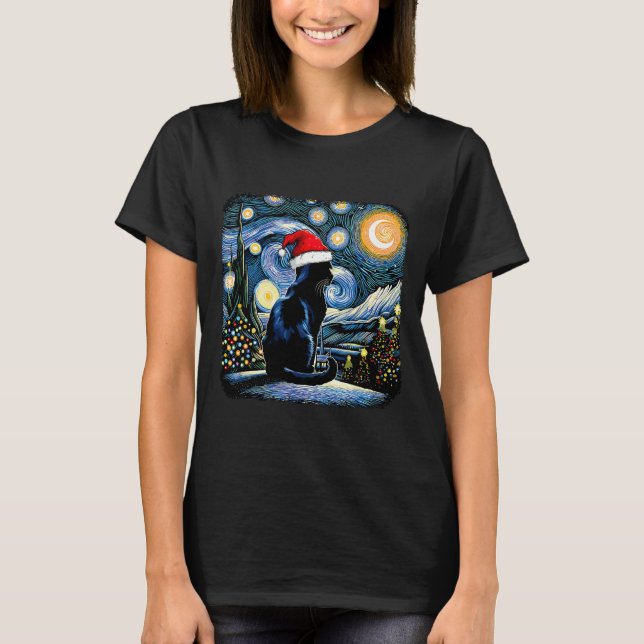 Camiseta Funny Gato Negro Santa Hat Navidades Noche Merry C (Anverso)