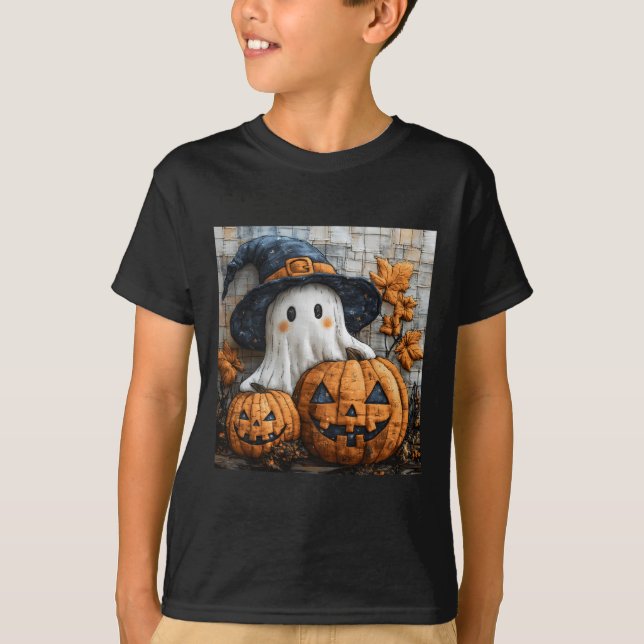 Camiseta Funny Ghost Calabaza Cuidada Halloween Patchwork A (Anverso)