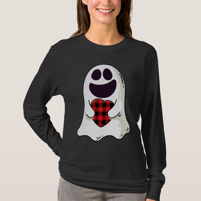 Camiseta Funny Ghost Hugging Red Hearts Plaid buffalo Valen (Anverso)