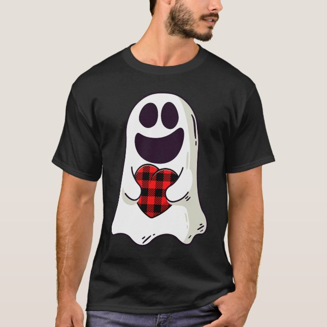 Camiseta Funny Ghost Hugging Red Hearts Plaid buffalo Valen (Anverso)