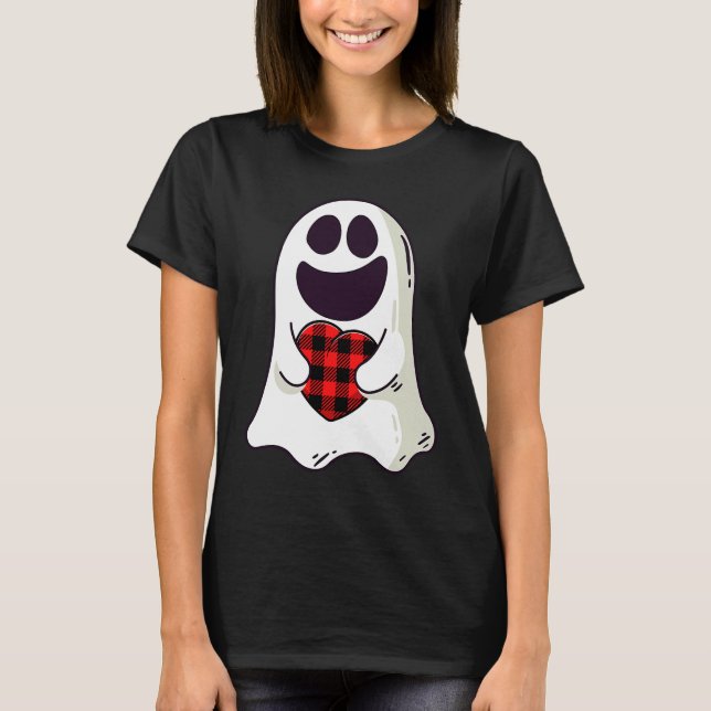 Camiseta Funny Ghost Hugging Red Hearts Plaid buffalo Valen (Anverso)