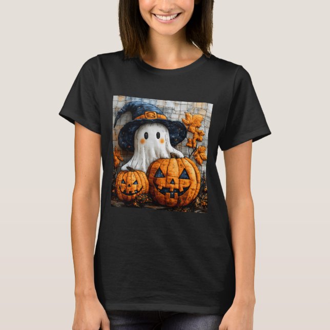 Camiseta Funny Ghost Pumpkin Cute Halloween Patchwork Art  (Anverso)