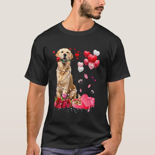 Camiseta Funny Golden Retriever Rosa Heart Happy Valentine (Anverso)