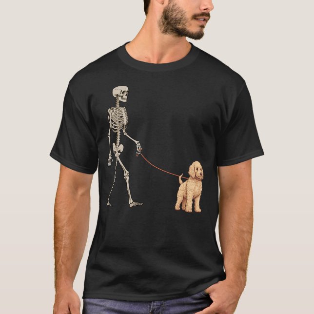 Camiseta Funny Goldendoodle Skeleton Dog Walking Halloween  (Anverso)