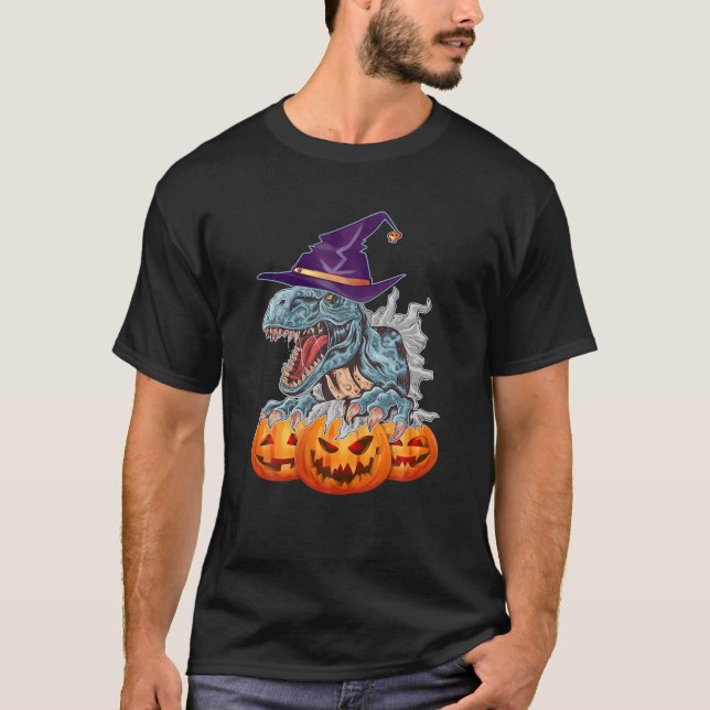 Camiseta Funny Gorra de Brujas de Dinosaurio con calabazas  (Anverso)