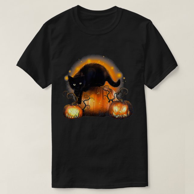 Camiseta Funny Halloween Black Cat And Pumpkin JackOLantern (Diseño del anverso)