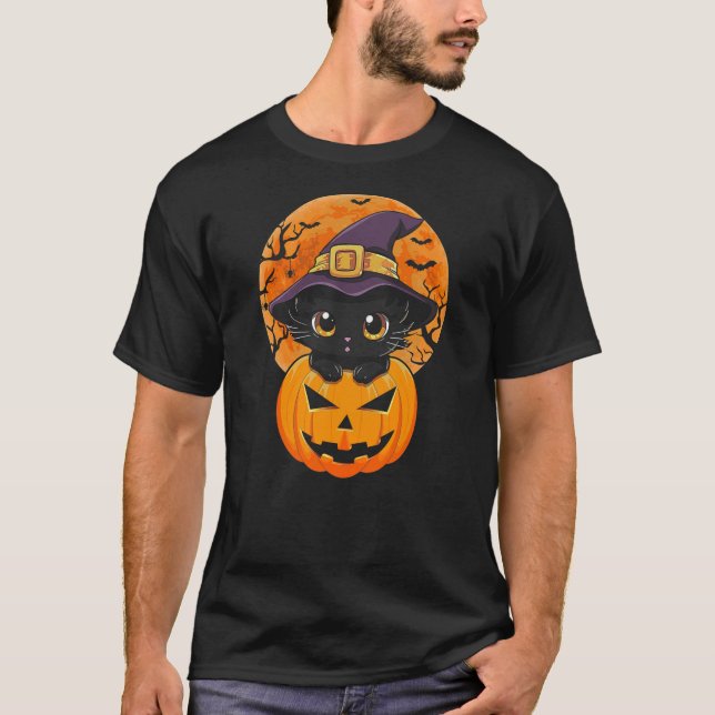 Camiseta Funny Halloween Black Cat Pumpkin Witch Hat Moon C (Anverso)