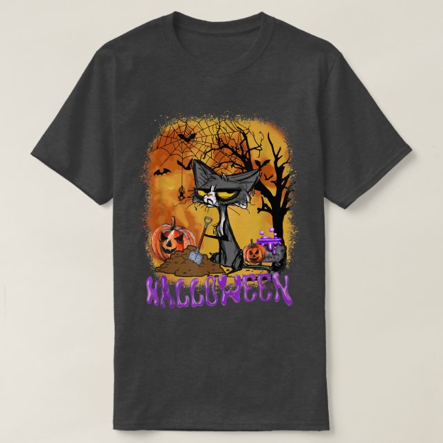 Camiseta Funny Halloween Cat Bats Pumpkin Digging  (Diseño del anverso)