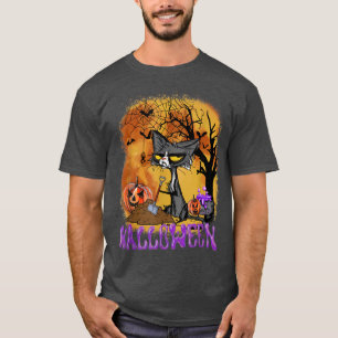 Camiseta Funny Halloween Cat Bats Pumpkin Digging 