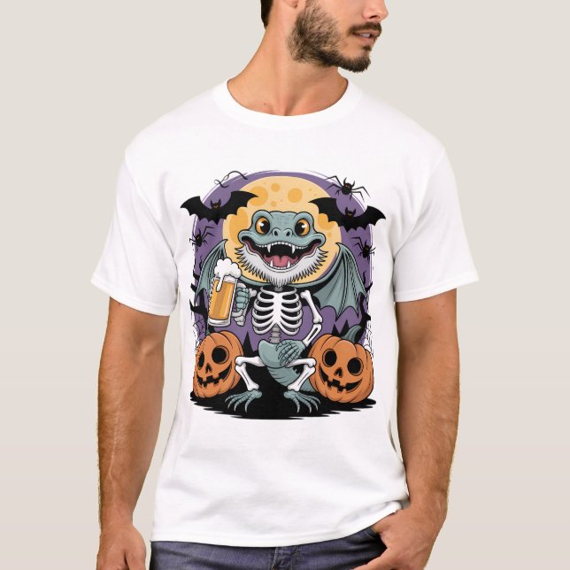 Camiseta Funny Halloween Lizard Skeleton con cerveza (Anverso)