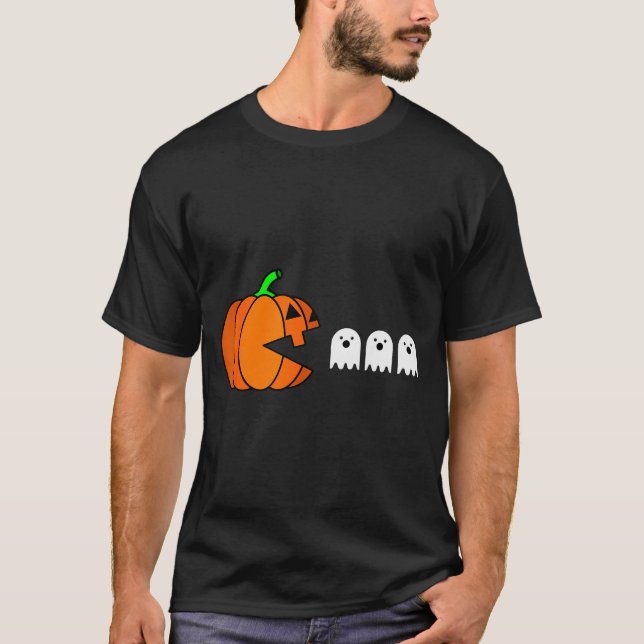 Camiseta Funny Halloween Pumpkin Eating Ghost, Gamer Men Wo (Anverso)