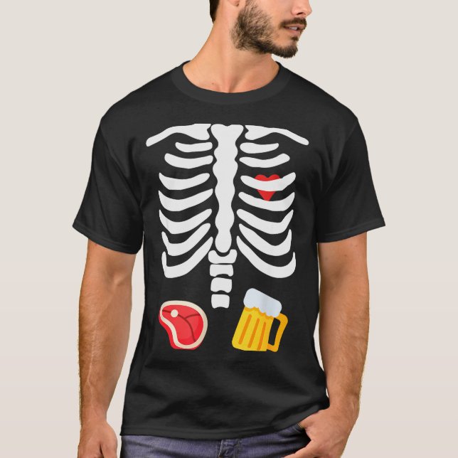 Camiseta Funny Halloween Skeleton Beer &amp; Steak Costume  (Anverso)