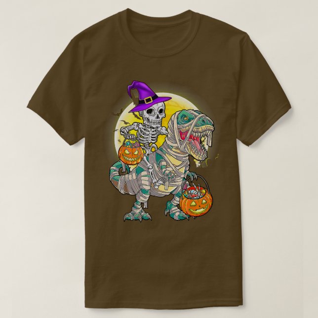 Camiseta Funny Halloween Skeleton Riding Mummy Dinosaur T r (Diseño del anverso)
