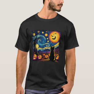 Camiseta Funny Halloween Van Gogh Starry Night Black Cat Mo