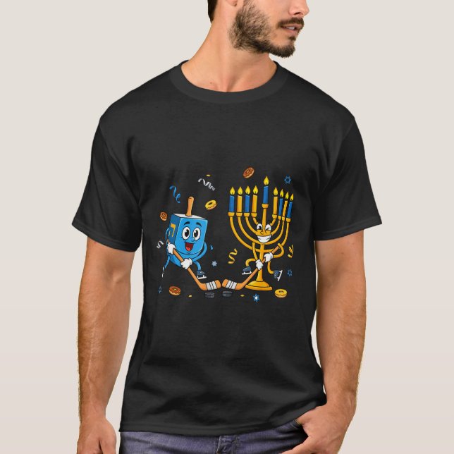 Camiseta Funny Hockey Dreidel Menorah Hanukkah Kids Womens  (Anverso)