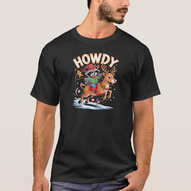 Camiseta Funny Howdy Christmas Raccoon Cowboy Riding Reinde (Anverso)