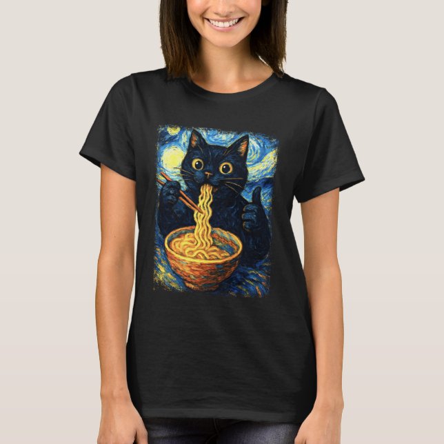 Camiseta Funny Japanese Black Kawaii Cat Kitten Eating Rame (Anverso)