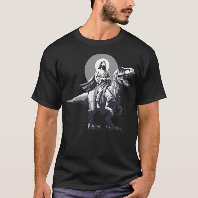 Camiseta Funny Jesus Riding T-Rex Dinosaur Meme Parody for  (Anverso)