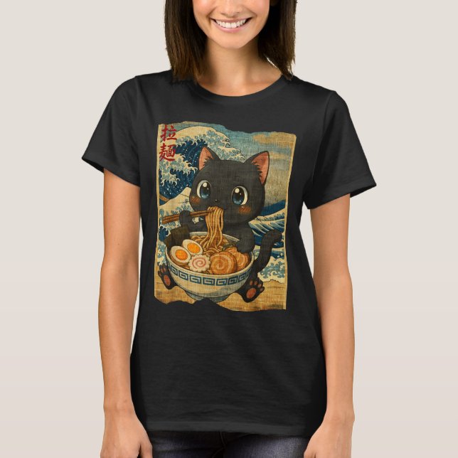 Camiseta Funny Kawaii Black Cat Ramen Noodle Bowl Japanese  (Anverso)