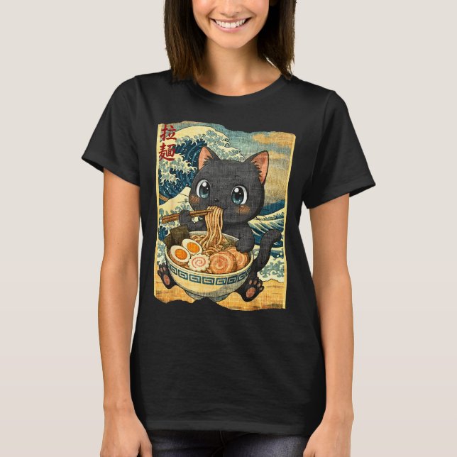 Camiseta Funny Kawaii Black Cat Ramen Noodle Bowl Japanese  (Anverso)