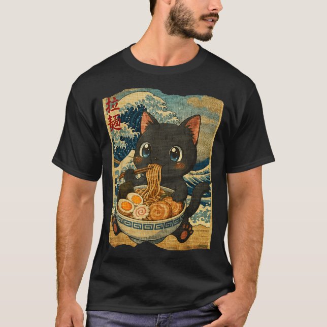 Camiseta Funny Kawaii Black Cat Ramen Noodle Bowl Japanese  (Anverso)