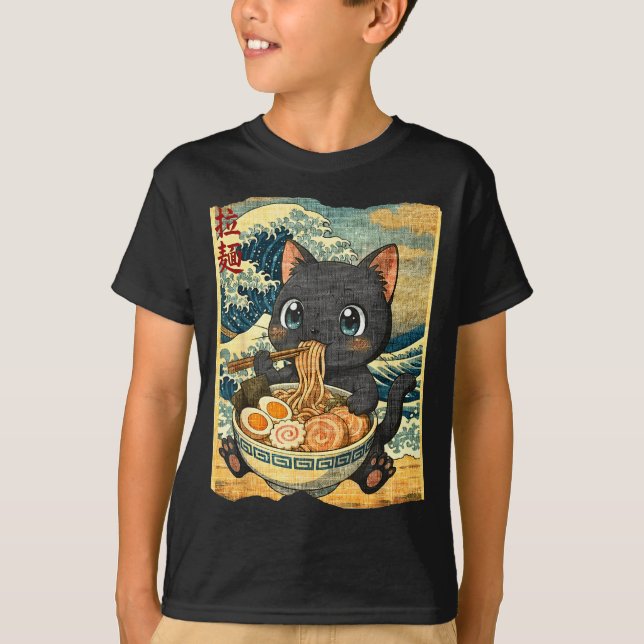 Camiseta Funny Kawaii Black Cat Ramen Noodle Bowl Japanese  (Anverso)