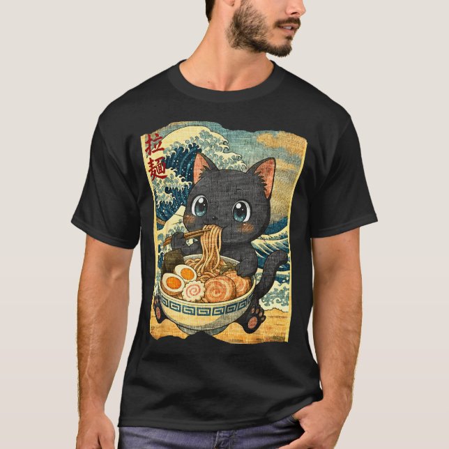 Camiseta Funny Kawaii Black Cat Ramen Noodle Bowl Japanese  (Anverso)