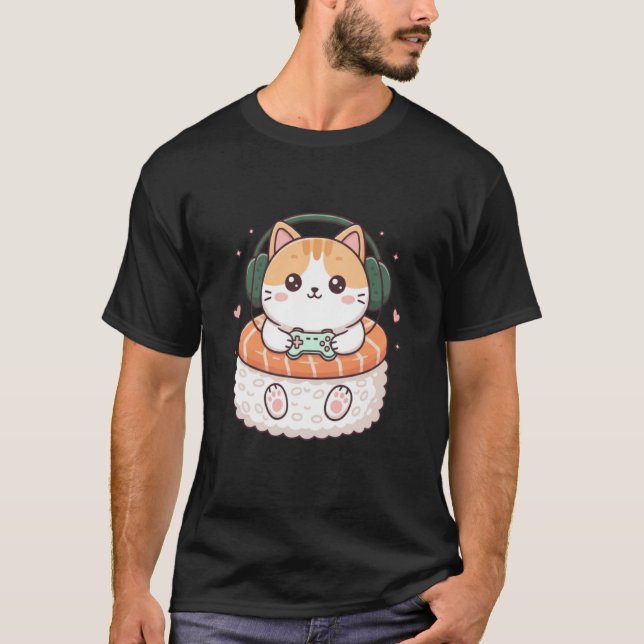 Camiseta Funny Kawaii Cat Gamer Sushi Cute Anime Men Boys K (Anverso)