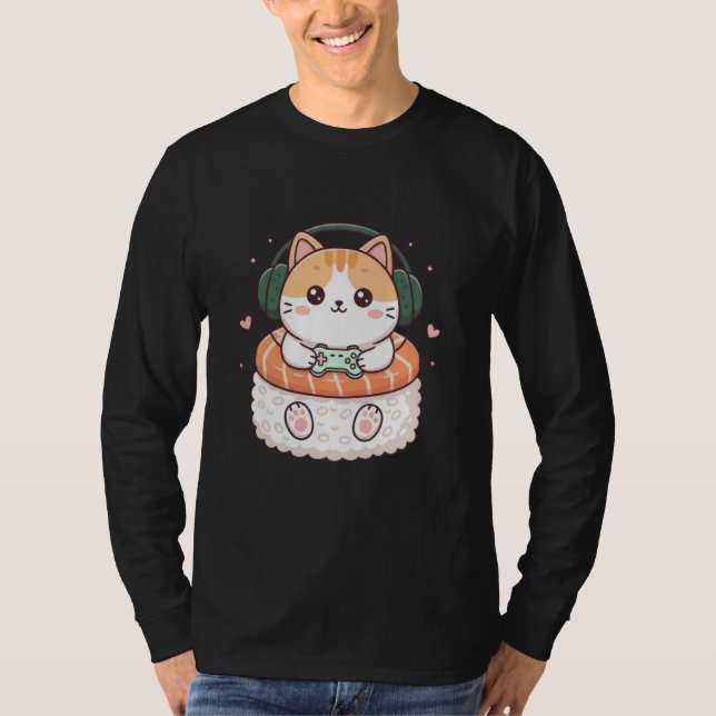 Camiseta Funny Kawaii Cat Gamer Sushi Cute Anime Men Boys K (Anverso)