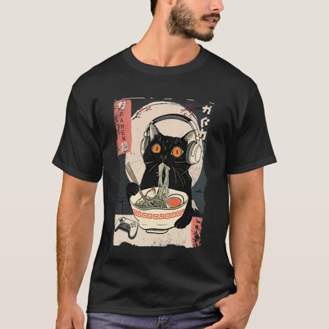 Camiseta Funny Kawaii Gamer Cat Retro Japanese Cat Ramen Ga (Anverso)