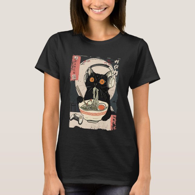 Camiseta Funny Kawaii Gamer Cat Retro Japanese Cat Ramen Ga (Anverso)